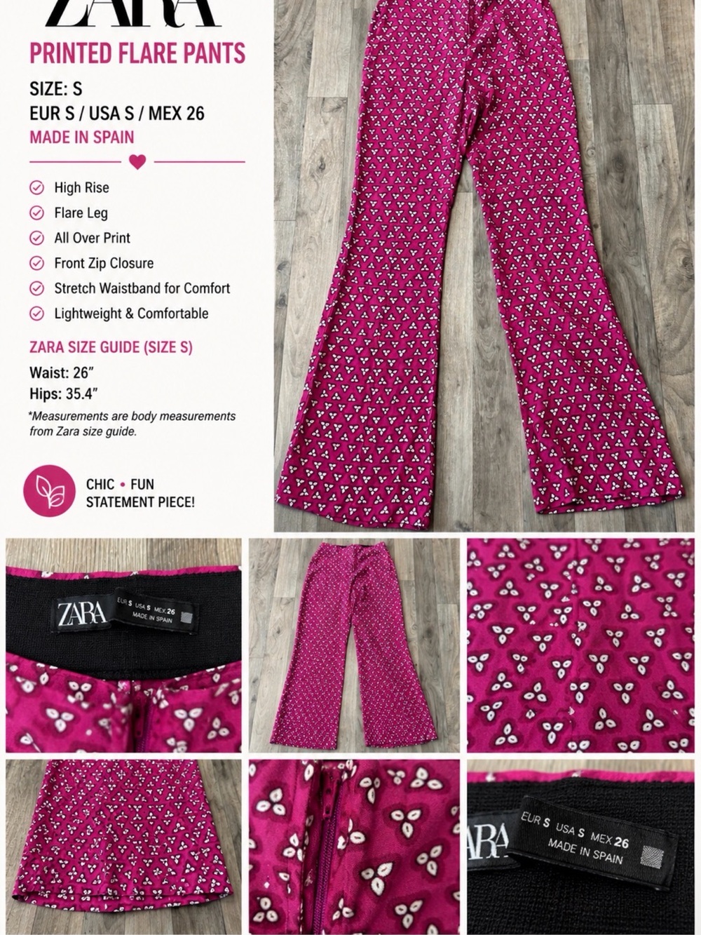 Zara Printed Flare Pants – Pink/Magenta – Size Small